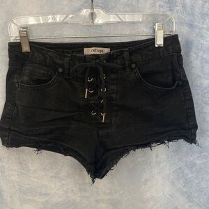 🍀2for$25🍀Women’s Size 8 Black Lace-Up Denim Low Rise Short Shorts Distressed Hem